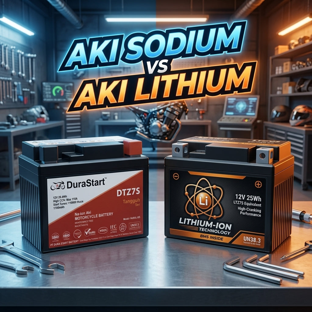 Ilustrasi aki sodium DuraStart DTZ7S dan aki lithium berdampingan di meja bengkel
