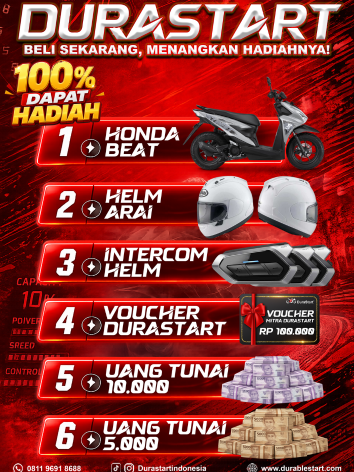 DURASTART Bagi-Bagi Hadiah! Beli Aki Motor DuraStart, Menangkan Honda Beat, Helm Arai, Intercom, Voucher & Uang Tunai